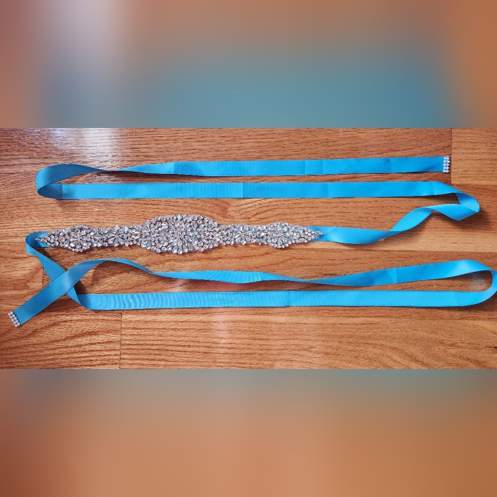 Rhinestone bridal belt / wedding sash on blue ribbon